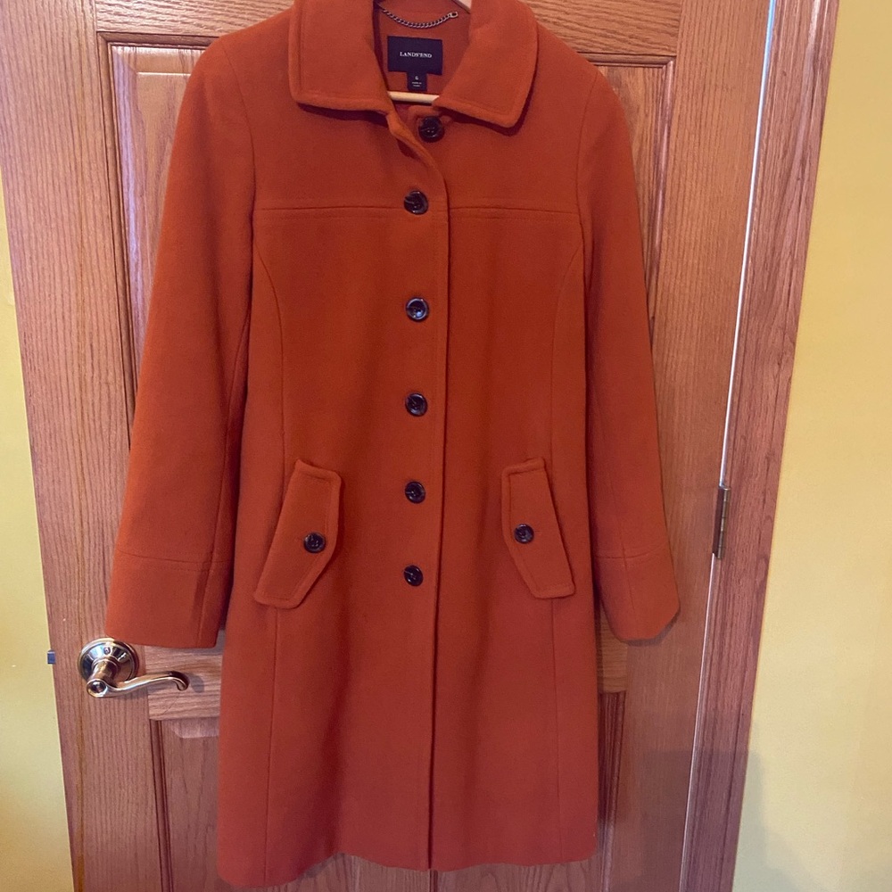Lands' End Orange Trench Coat with Textured Fabric and Rounded Collar